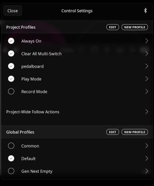 Profiles list in control settings