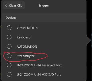MIDI Learn Source Panel with Streambyter shown as a possible source.